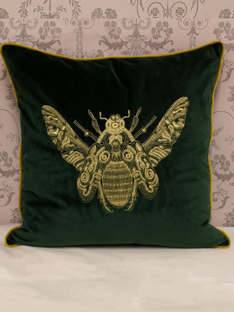 Riva Paoletti emerald green velvet cushion with gold bee (British brand)