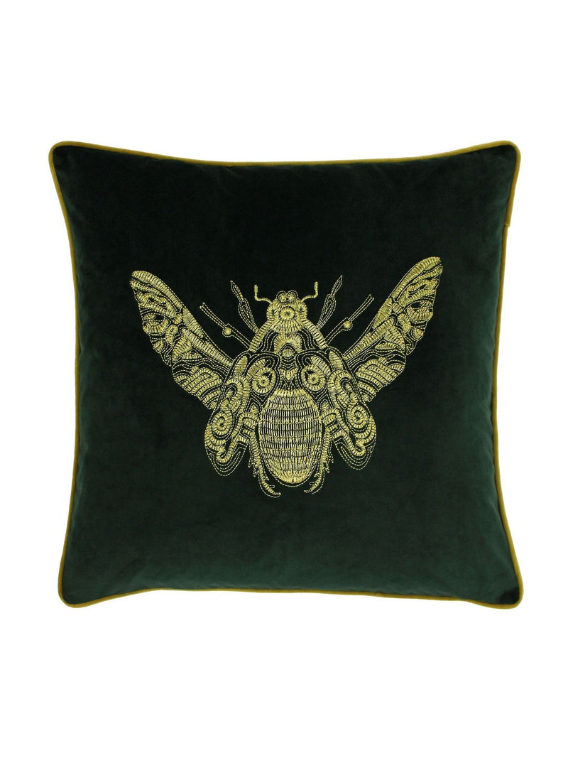 Riva Paoletti emerald green velvet cushion with gold bee (British brand)