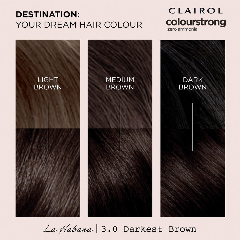 Clairol Colour Strong permanent hair dye Darkest Brown 3.0, imported from the UK