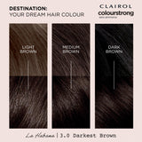 Clairol Colour Strong permanent hair dye Darkest Brown 3.0, imported from the UK