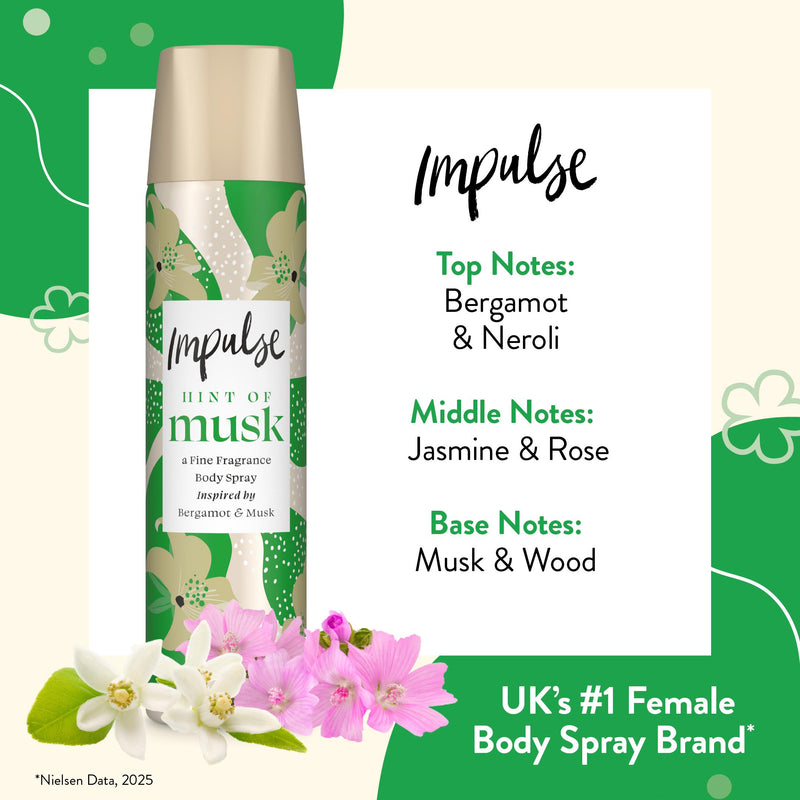 Impulse Hint of Musk body spray deodorant 75ml, imported from the UK