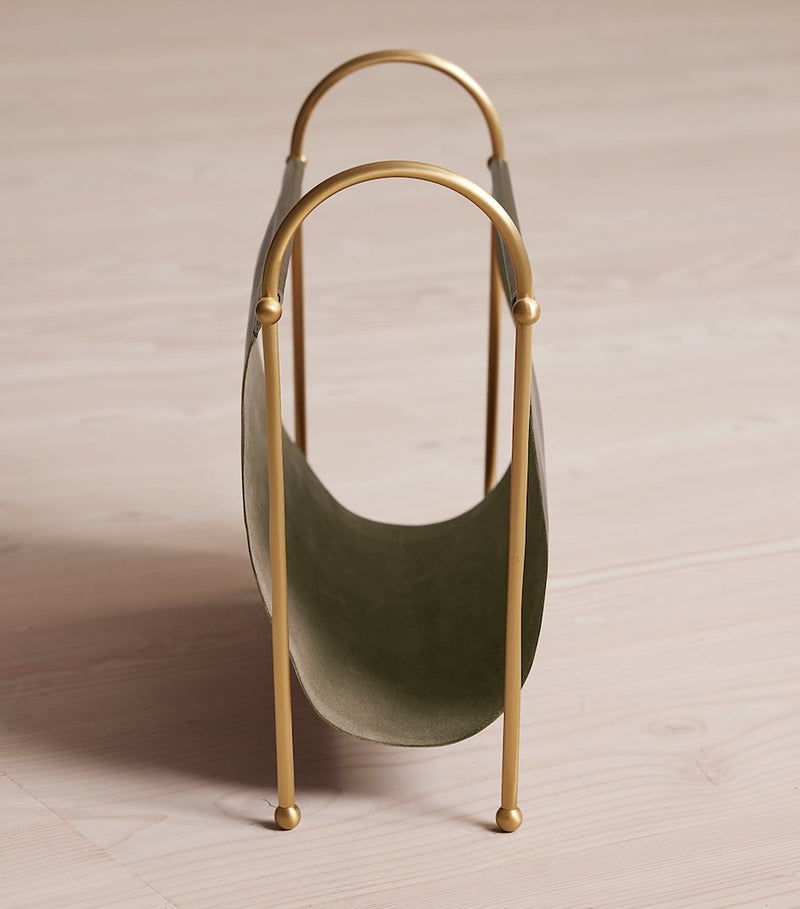 Soho Home leather magazine rack, imported from the UK