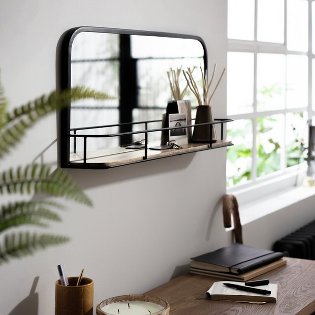 Habitat rectangular wall mirror with shelf in black, 60x28x10cm, UK version