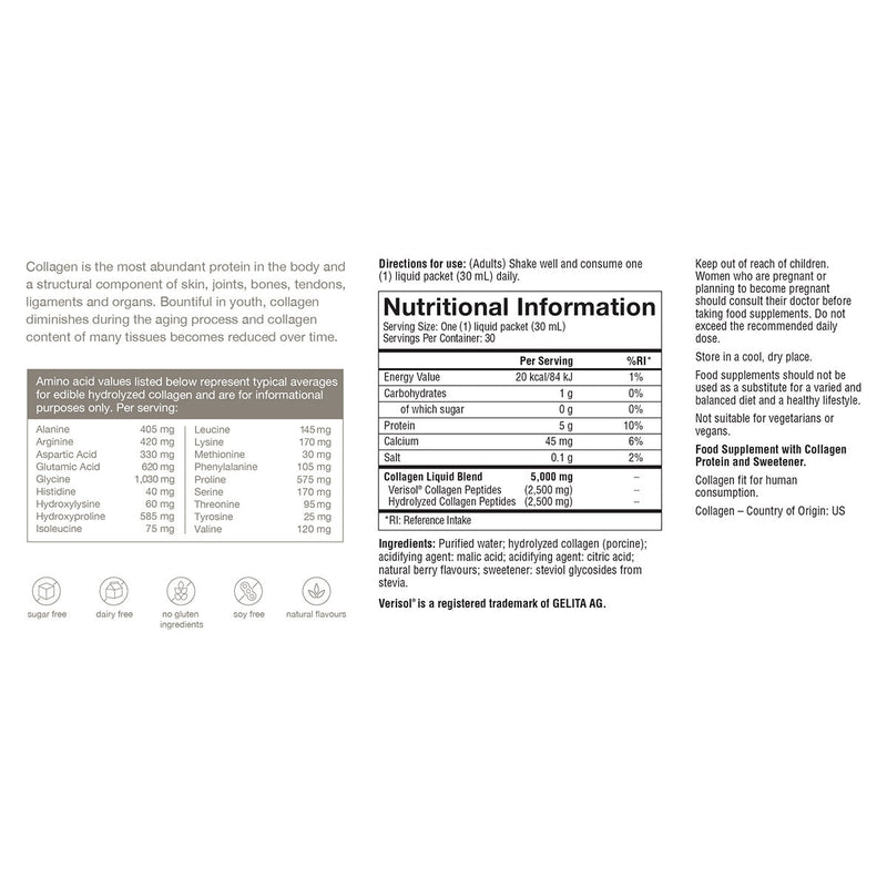 Youtheory Collagen Liquid Natural Berry 30 Count (British brand)