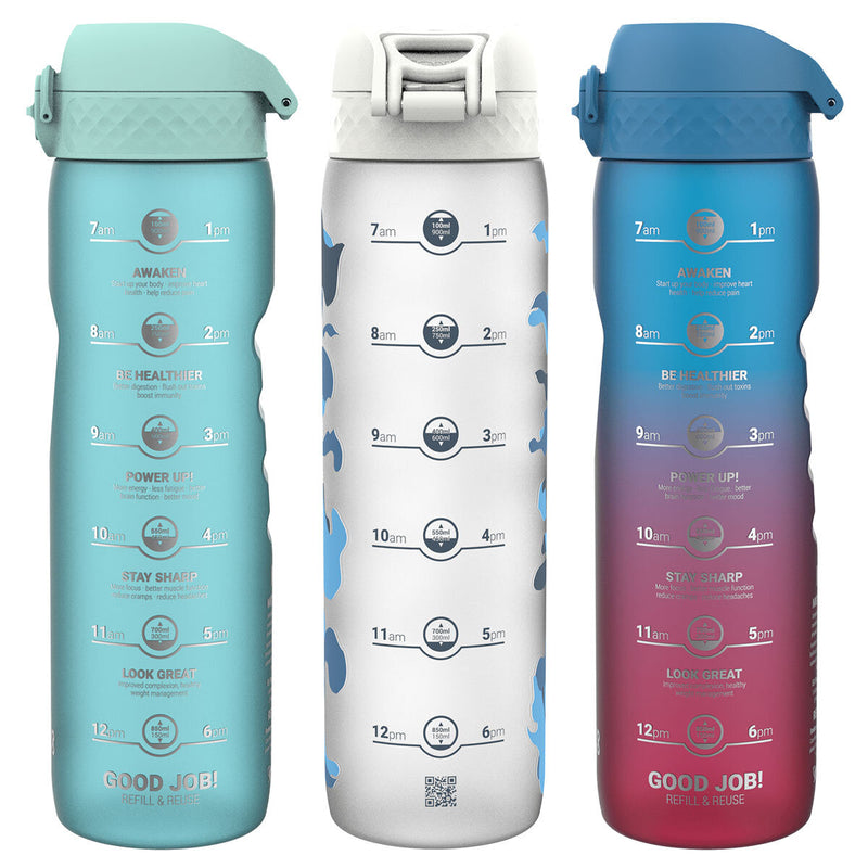 Ion8 Recyclon Motivator 1L water bottle 3 pack with assorted colours, UK version