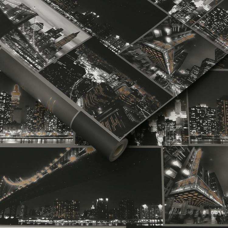 Fresco City At Night black wallpaper with NYC skyline, UK version