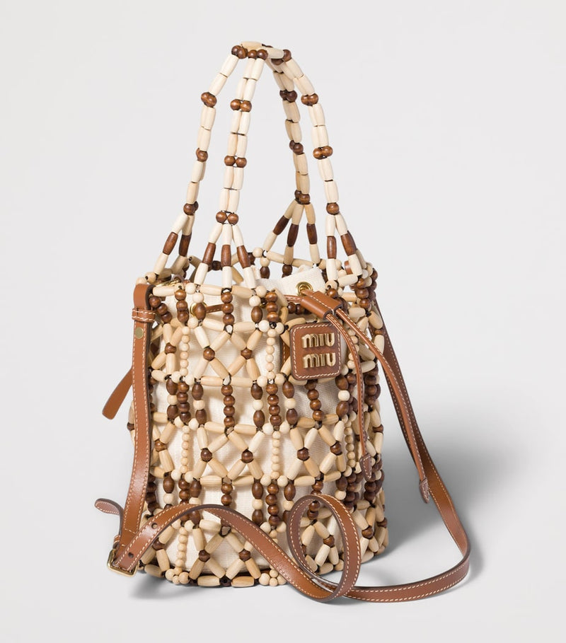 Miu Miu beaded mesh bucket bag with wood and calfskin, (British brand)