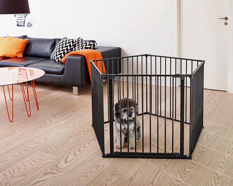 Black pet pen with wall fittings for dog safety (British brand)