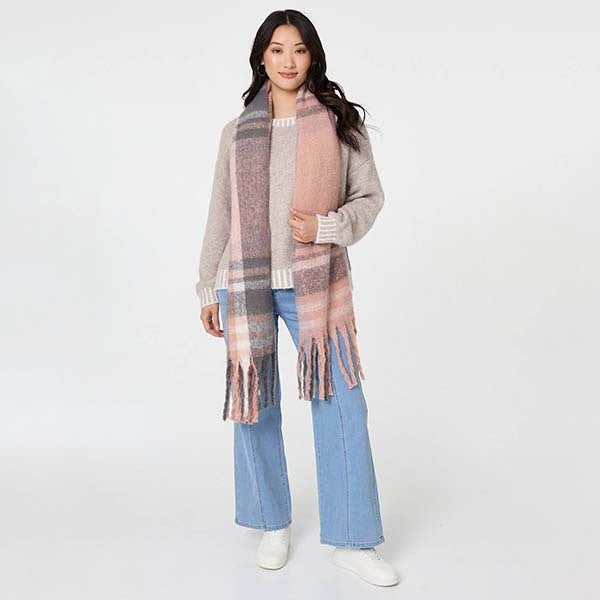 Izabel London checked print fringed oversize scarf, imported from the UK