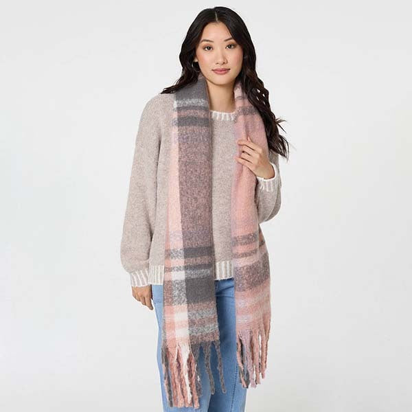 Izabel London checked print fringed oversize scarf, imported from the UK
