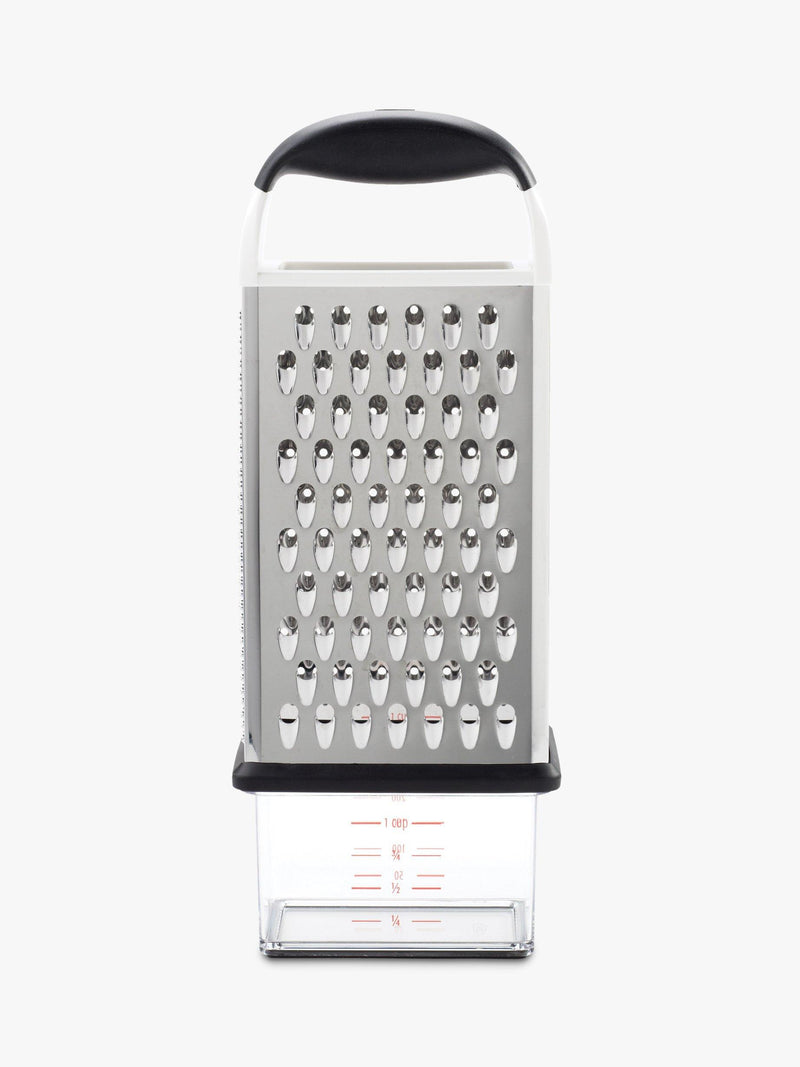 OXO box grater with four stainless steel surfaces and container, imported from the UK
