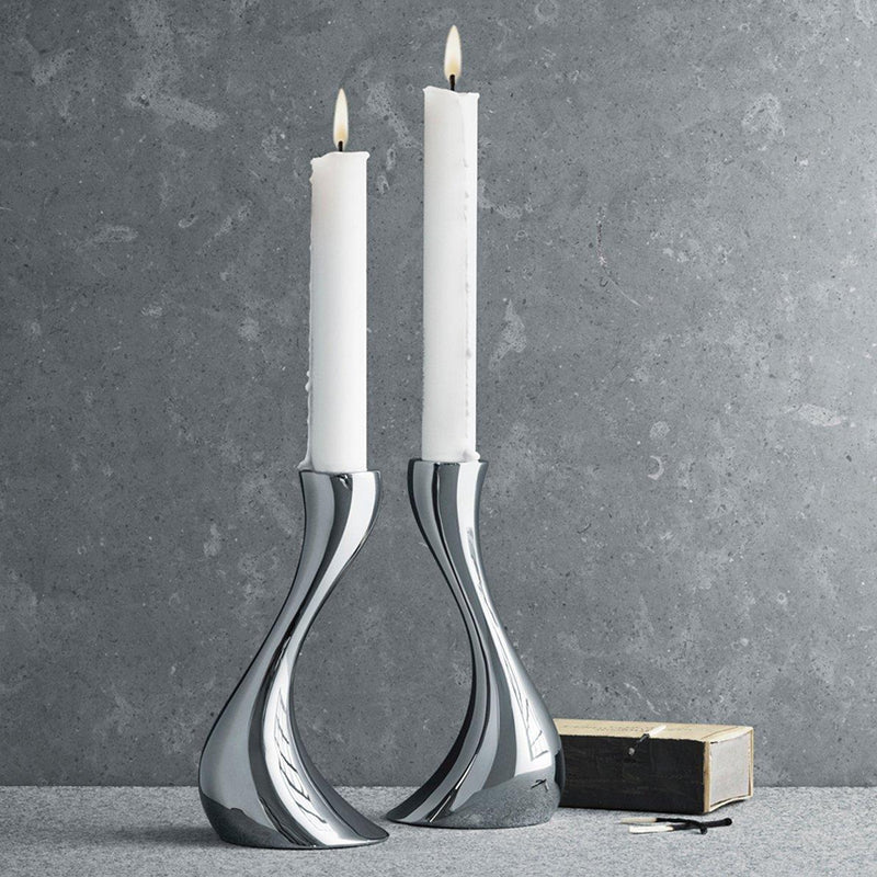 Georg Jensen stainless steel Cobra candlestick pair, UK version