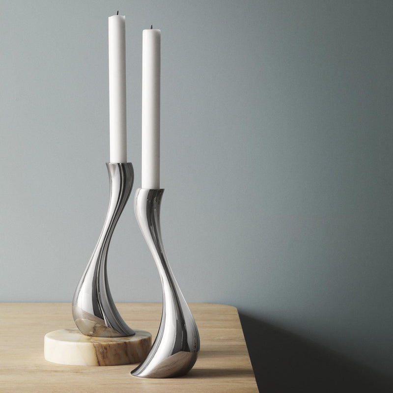 Georg Jensen stainless steel Cobra candlestick pair, UK version