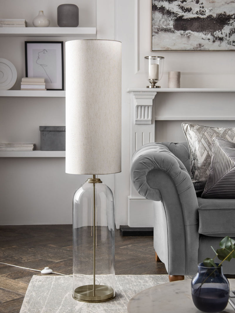 Gloucester floor lamp in brushed nickel with glass base and fabric shade, UK version