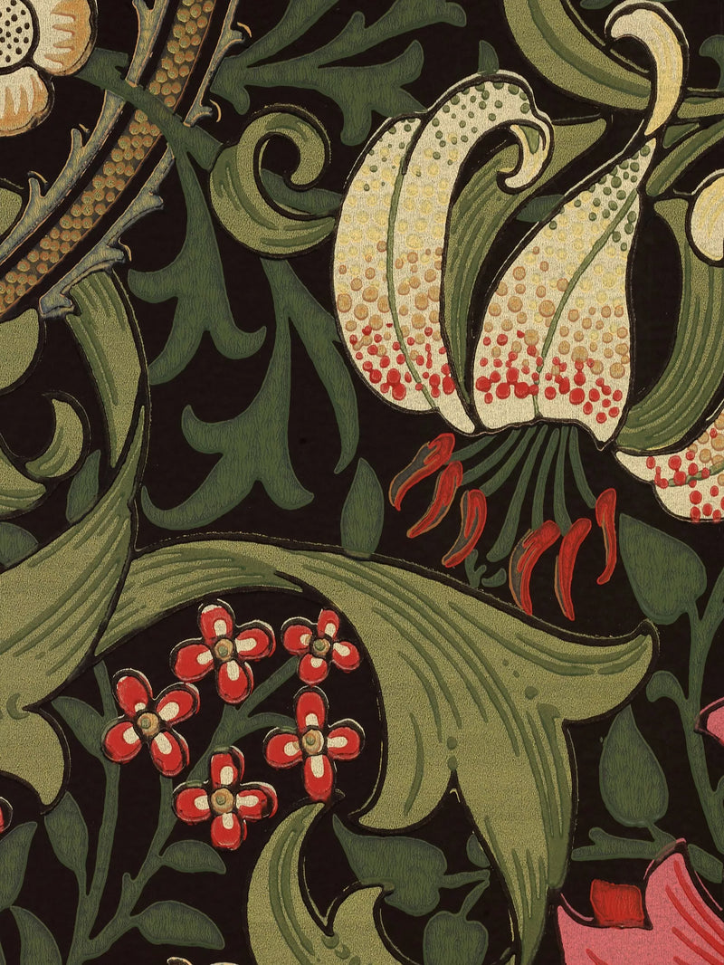 Morris & Co. Golden Lily wallpaper Charcoal Olive imported from the UK