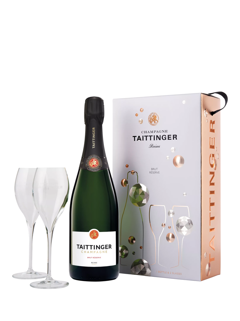 Taittinger Brut NV champagne and glasses gift set, 75cl (British brand)
