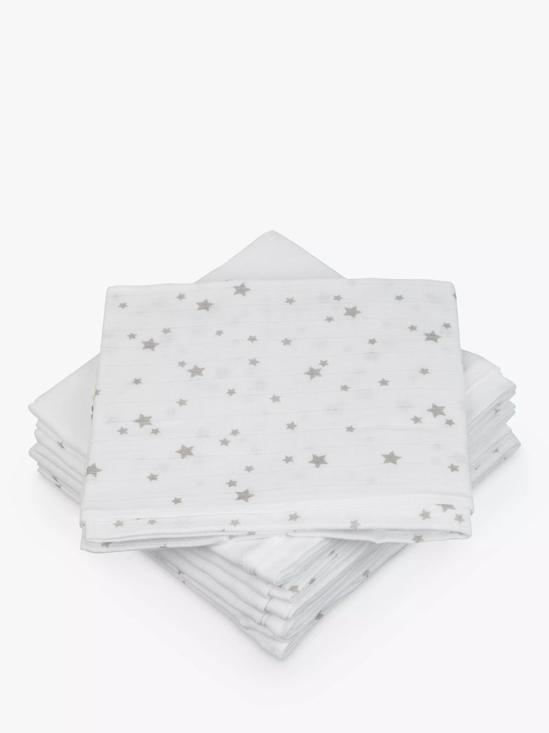 John Lewis Baby Muslin Squares Grey Star Pack of 6, UK version