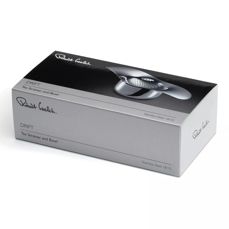 Robert Welch Drift tea strainer and bowl stainless steel, imported from the UK