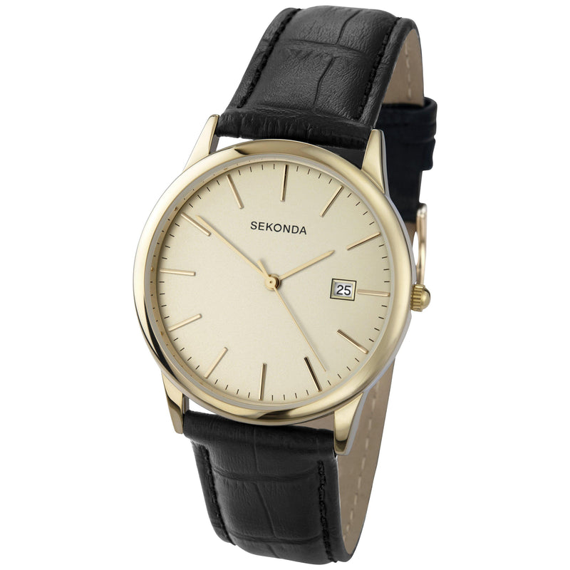 Sekonda men's date leather strap watch, black/cream, imported from the UK
