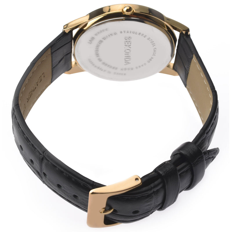 Sekonda men's date leather strap watch, black/cream, imported from the UK