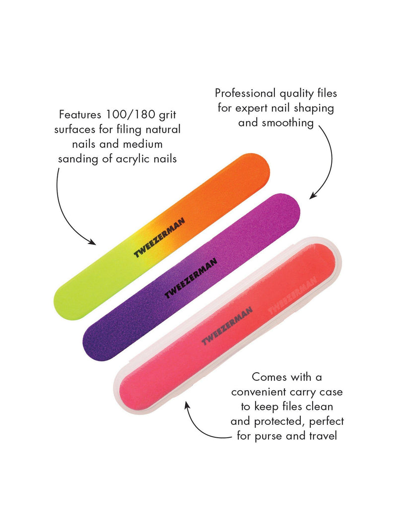 Tweezerman Neon Hot Filemates nail files, pack of 3 (British brand)