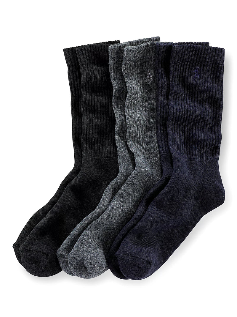 Polo Ralph Lauren cotton crew socks pack of 3 black charcoal navy (British brand)