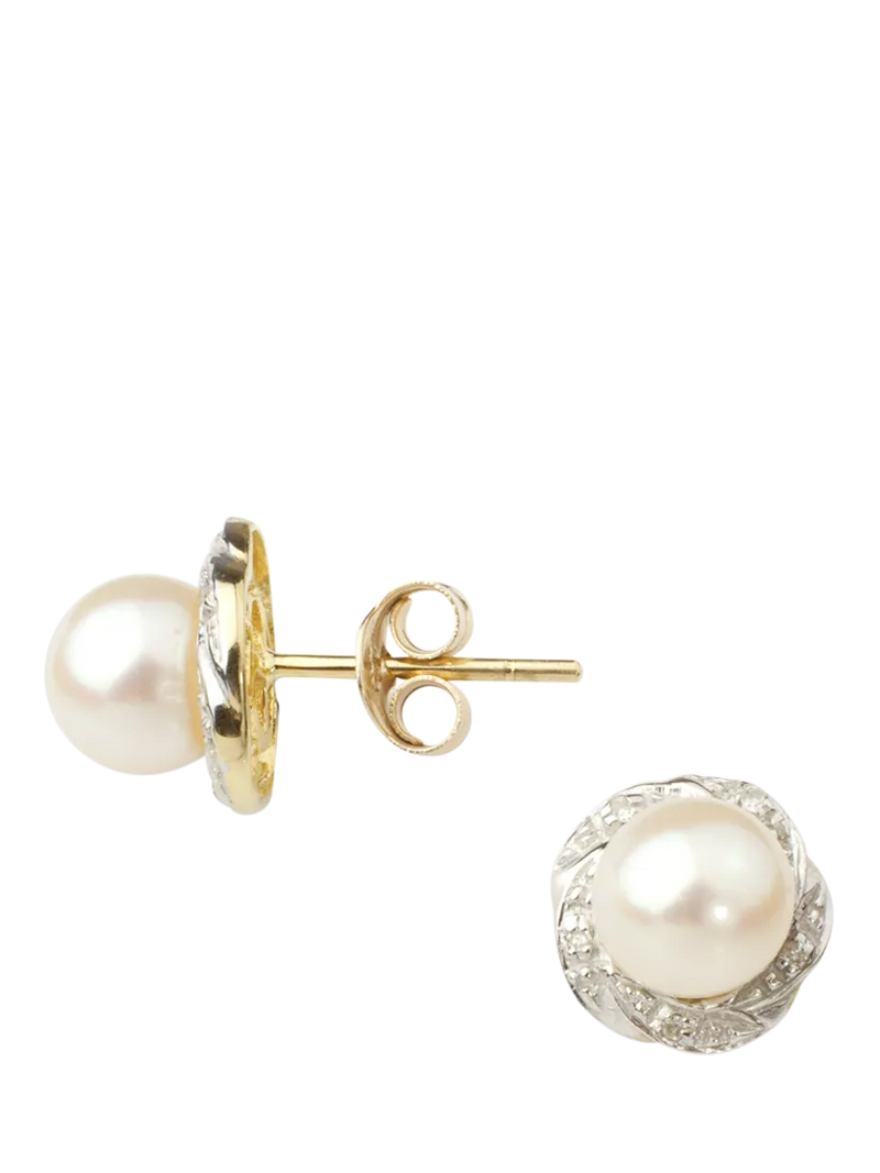 E.W Adams 9ct gold cultured pearl diamond stud earrings (British brand)