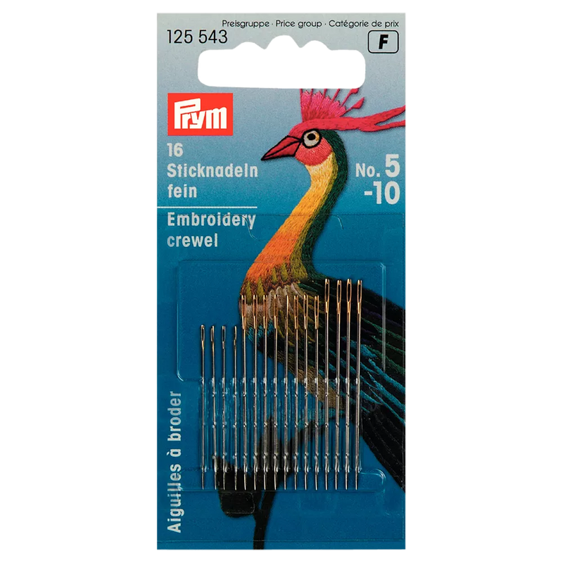 Prym embroidery needles pack of 16 sizes 5-10, imported from the UK