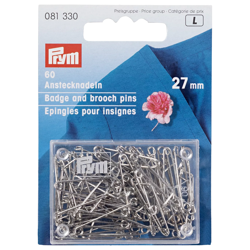 Prym badge and brooch pins 27mm silver 60 pack (British brand)