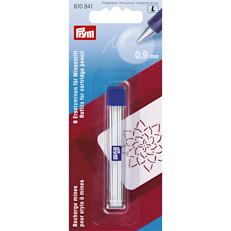 Prym cartridge pencil refill pack of 6 white 9mm (British brand)
