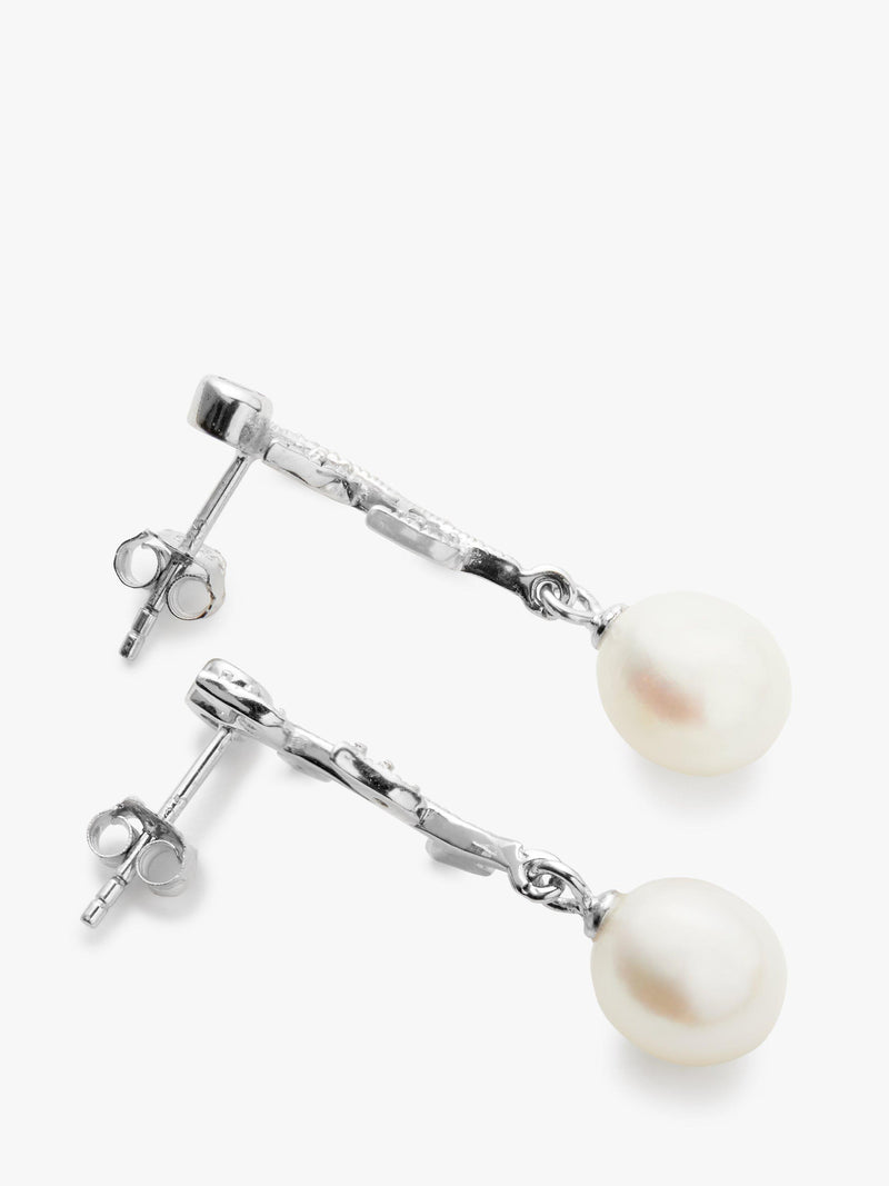 Lido silver leaf drop earrings with freshwater pearls (British brand)
