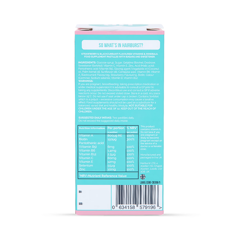 Hairburst Chewable Hair Vitamins Strawberry Blackcurrant 60 Pastilles, UK version