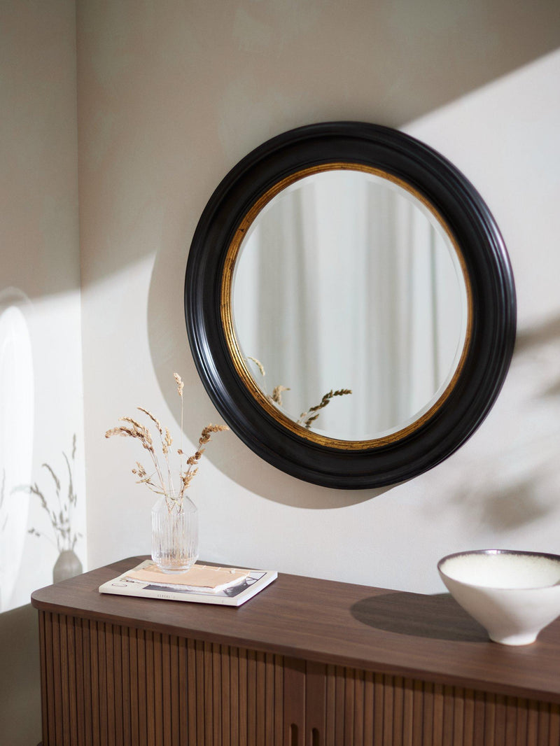 John Lewis Georgian round wood wall mirror 68cm black and gold, UK version