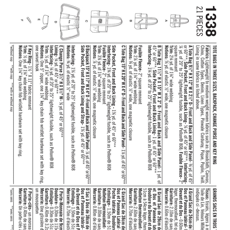 Simplicity sewing patterns bags backpack 1338, UK version