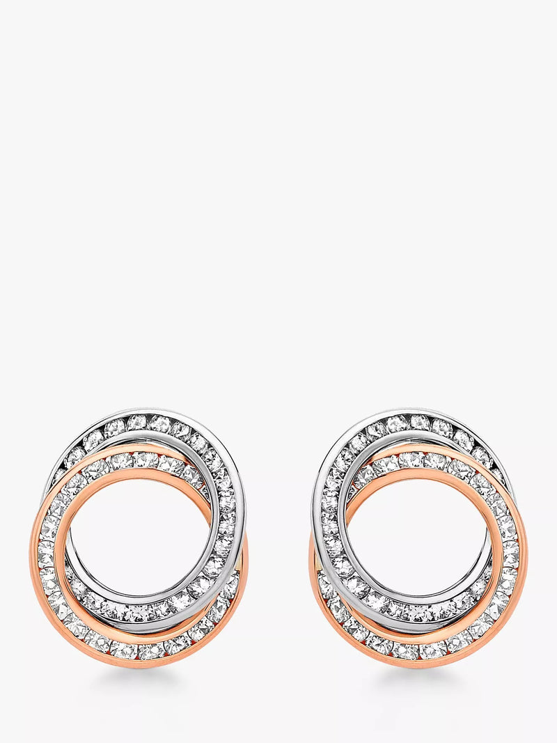 IBB 9ct two-tone gold cubic zirconia linked ring stud earrings, imported from the UK