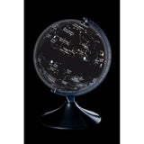 Illuminated Earth and constellations globe showing world map and stars - British product