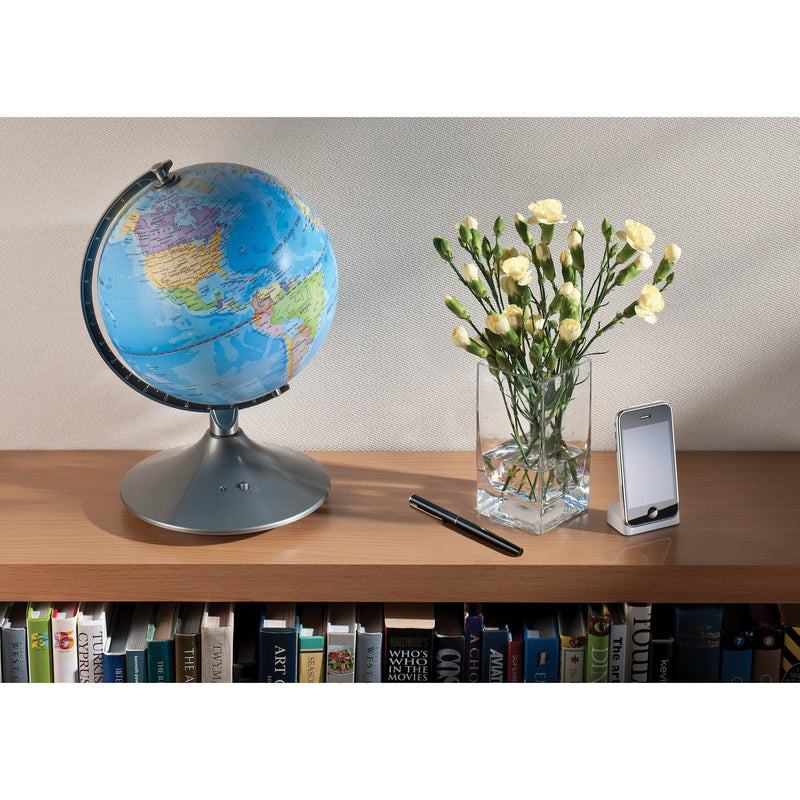Illuminated Earth and constellations globe showing world map and stars - British product