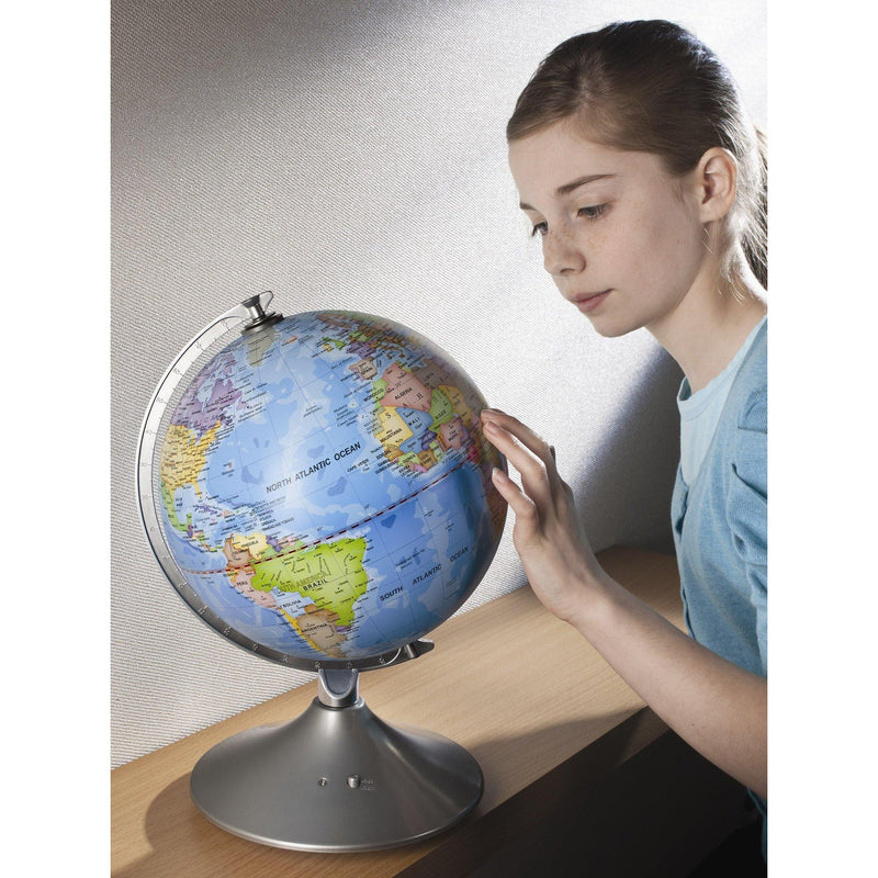 Illuminated Earth and constellations globe showing world map and stars - British product