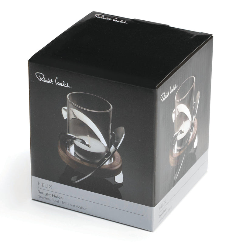 Robert Welch Helix tea light holder stainless steel walnut, UK version