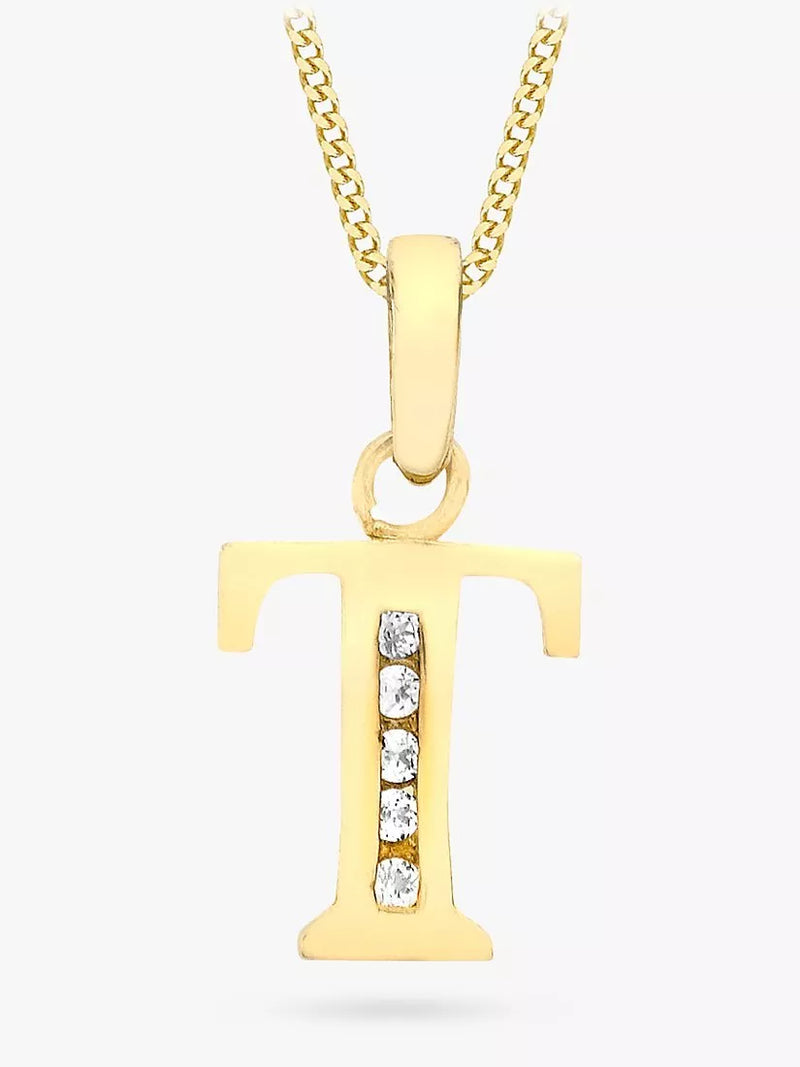 IBB 9ct Gold Cubic Zirconia Initial Pendant Necklace, T