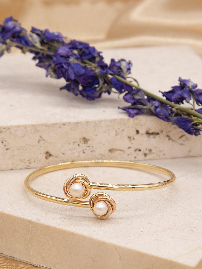 IBB 9ct three colour gold double knot pearl bangle - British product