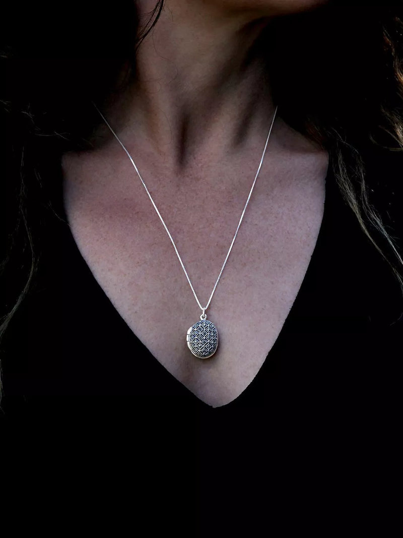 Nina B marcasite oval locket pendant necklace silver, UK version