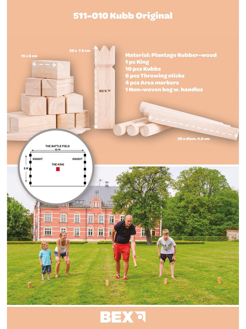 Bex Kubb game set with wooden pieces and cotton bag - British product