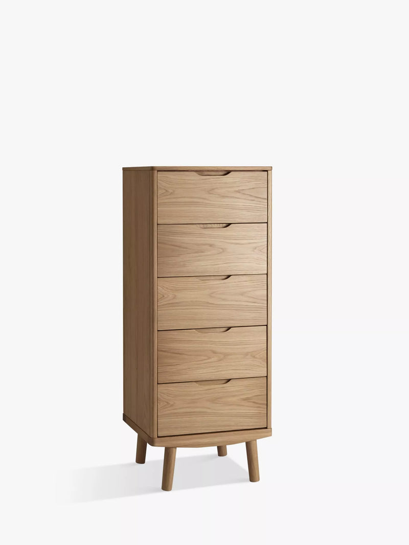 John Lewis Bow tallboy chest natural finish, imported from the UK