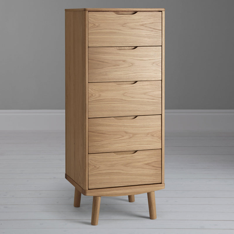 John Lewis Bow tallboy chest natural finish, imported from the UK