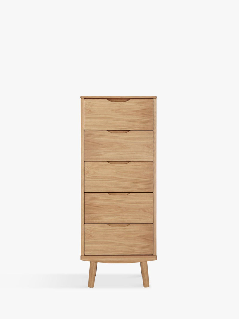 John Lewis Bow tallboy chest natural finish, imported from the UK
