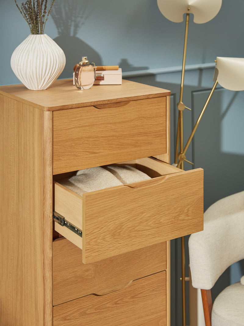 John Lewis Bow tallboy chest natural finish, imported from the UK