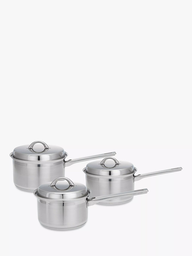 John Lewis stainless steel saucepan set with lids, 3 piece, UK version