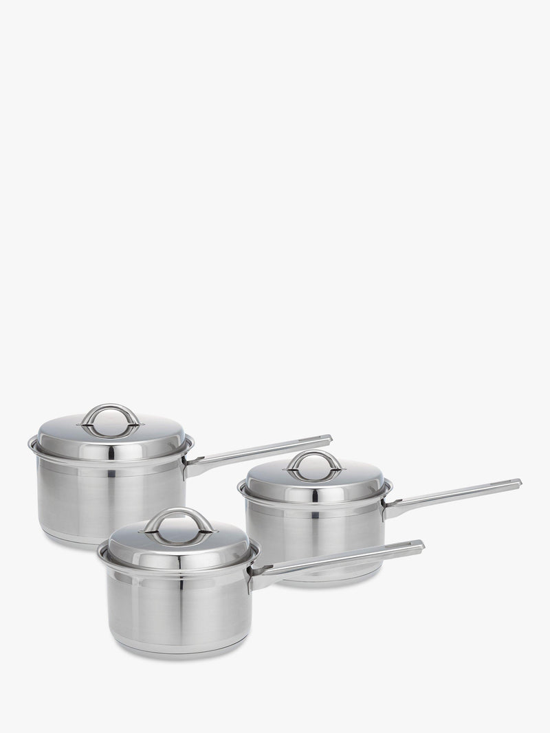 John Lewis stainless steel saucepan set with lids, 3 piece, UK version