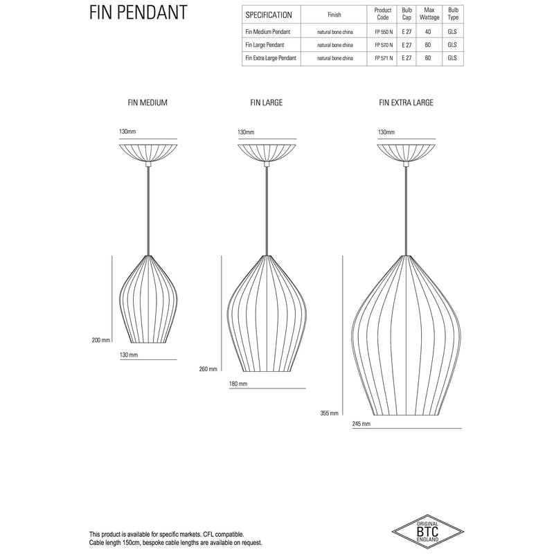 Original BTC Fin XL bone china pendant light, UK version